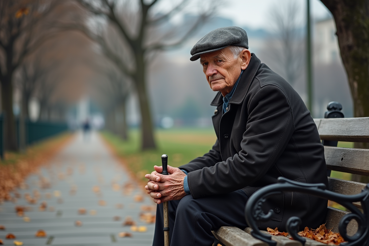 Homme agee assis sur un banc dans un parc en automne