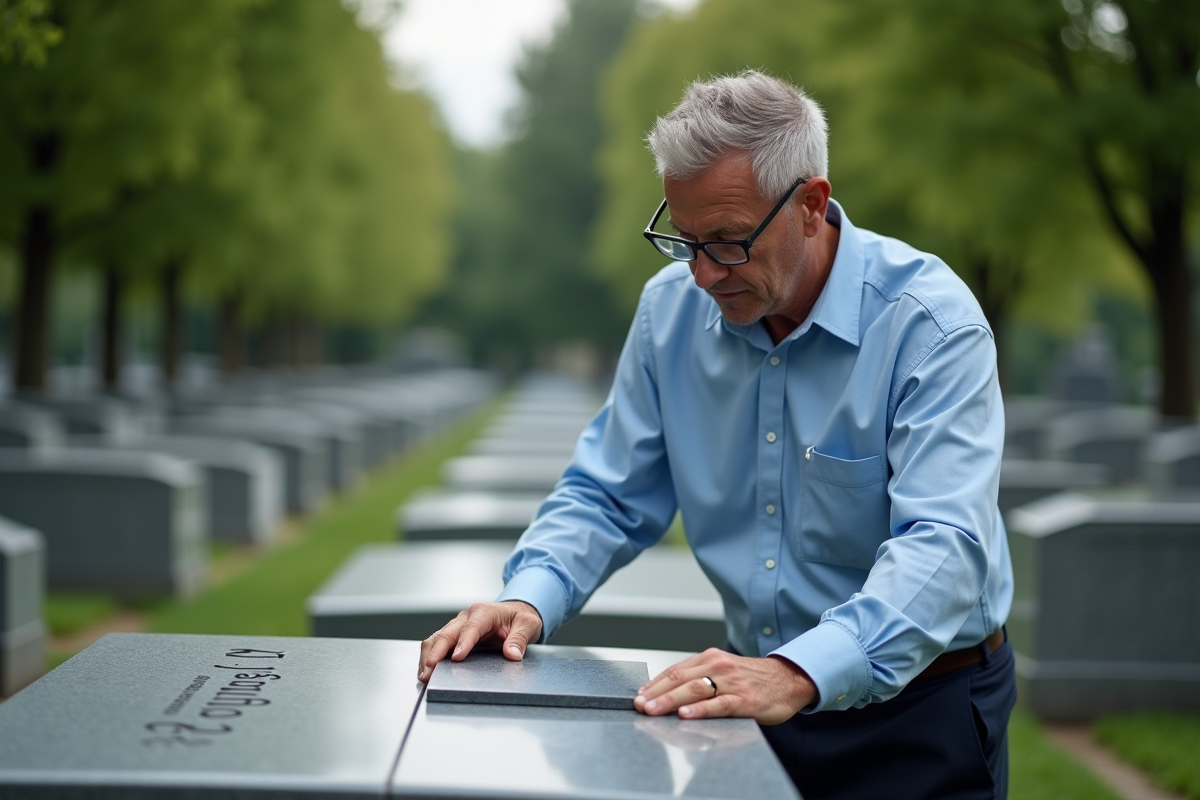 Homme en chemise casual pose plaque sur tombe