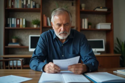 Homme d'âge mûr consultant des documents financiers liés à la retraite dans un bureau à domicile