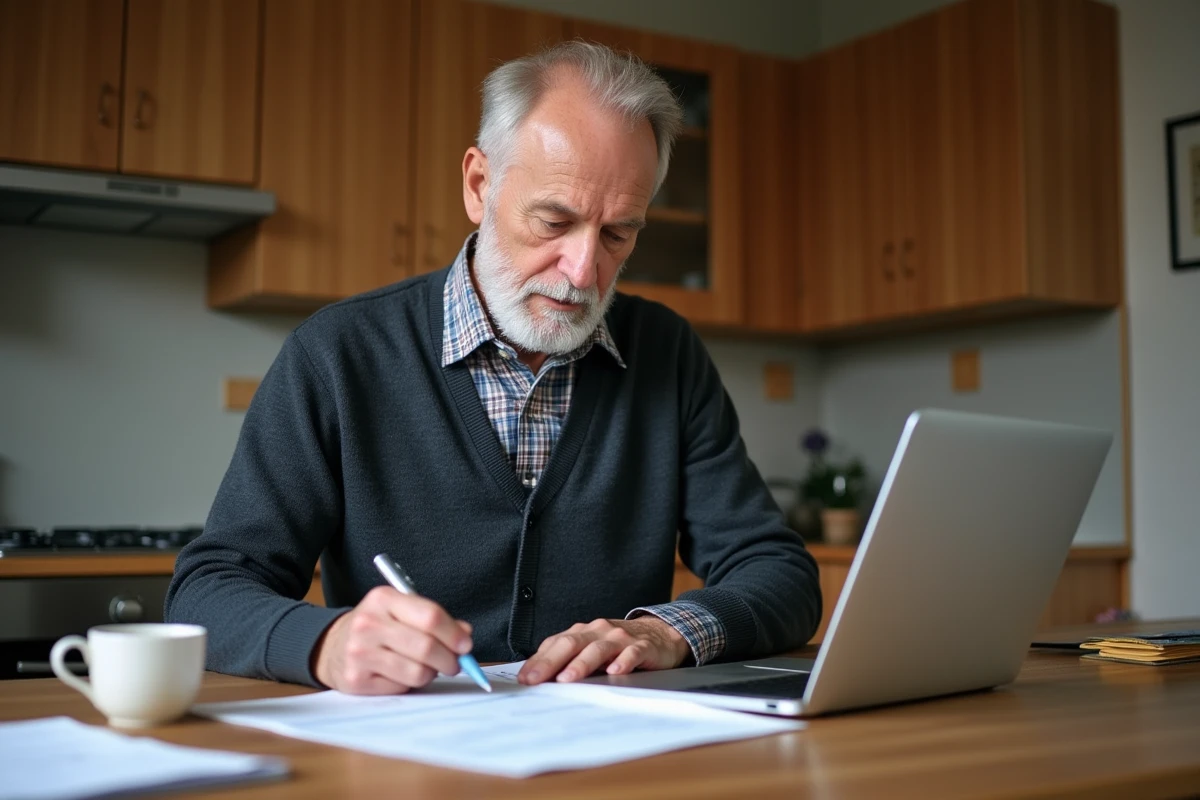 Homme à la retraite annotant ses relevés de carrière avec des heures supplémentaires sur son ordinateur portable dans sa cuisine, cherchant à éviter des erreurs dans le calcul de ses droits