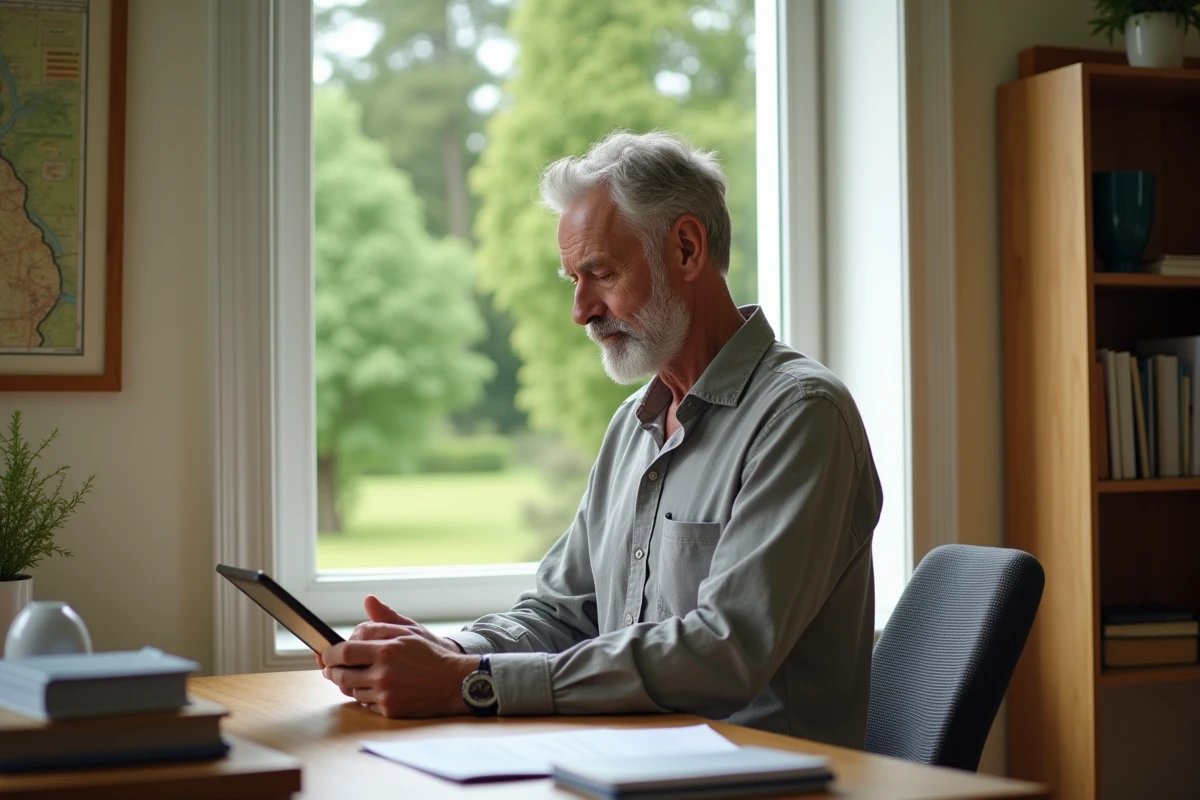 Homme proche de la retraite consultant un site de planification retraite Carsat près d'une fenêtre avec vue sur la campagne normande