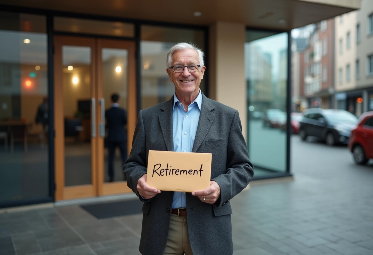 Homme plus âgé souriant avec enveloppe de retraite en ville