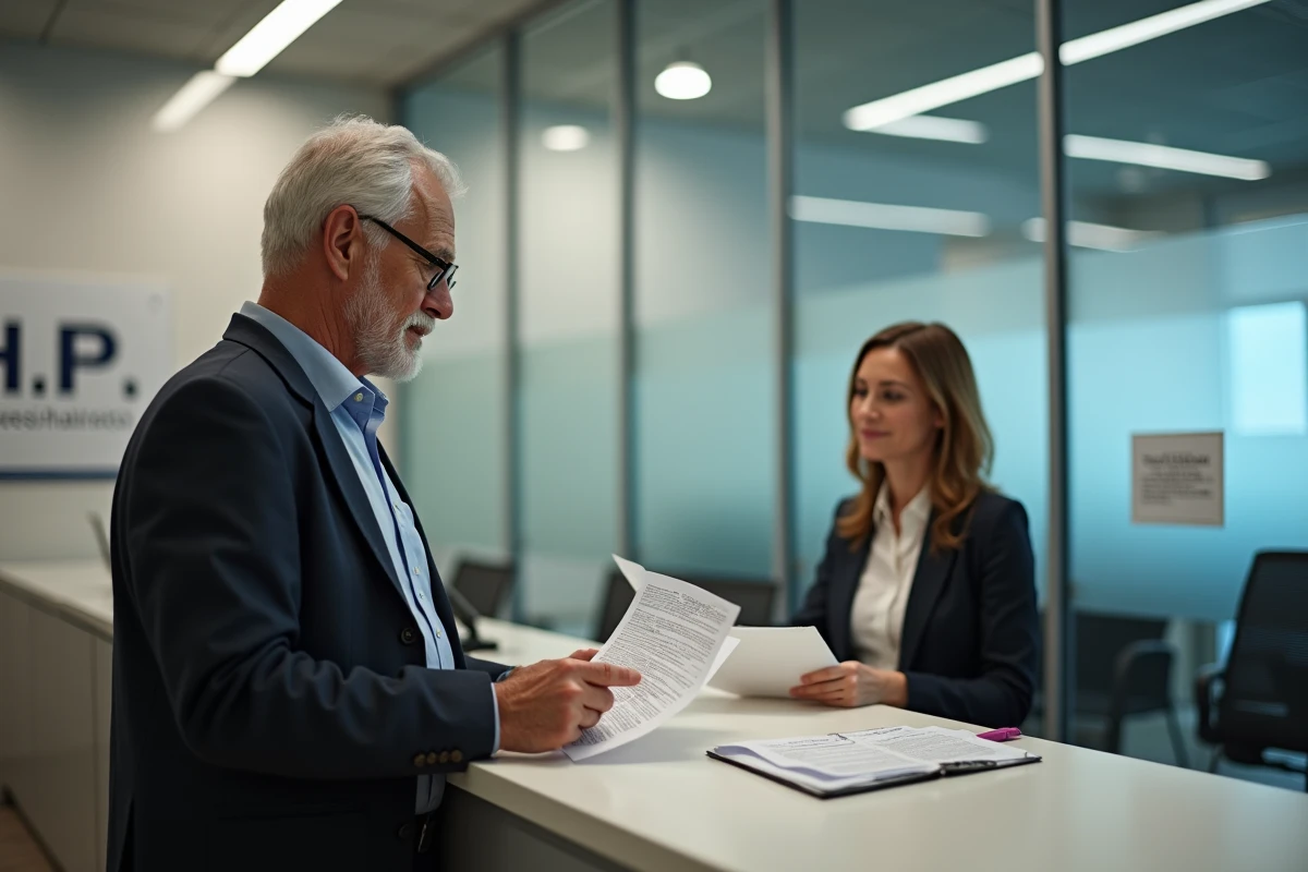 Homme retraité présentant des documents dans un bureau administratif