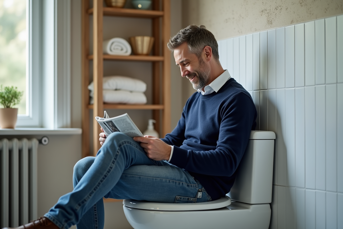 Homme d'âge moyen sur un siège de toilette ergonomique