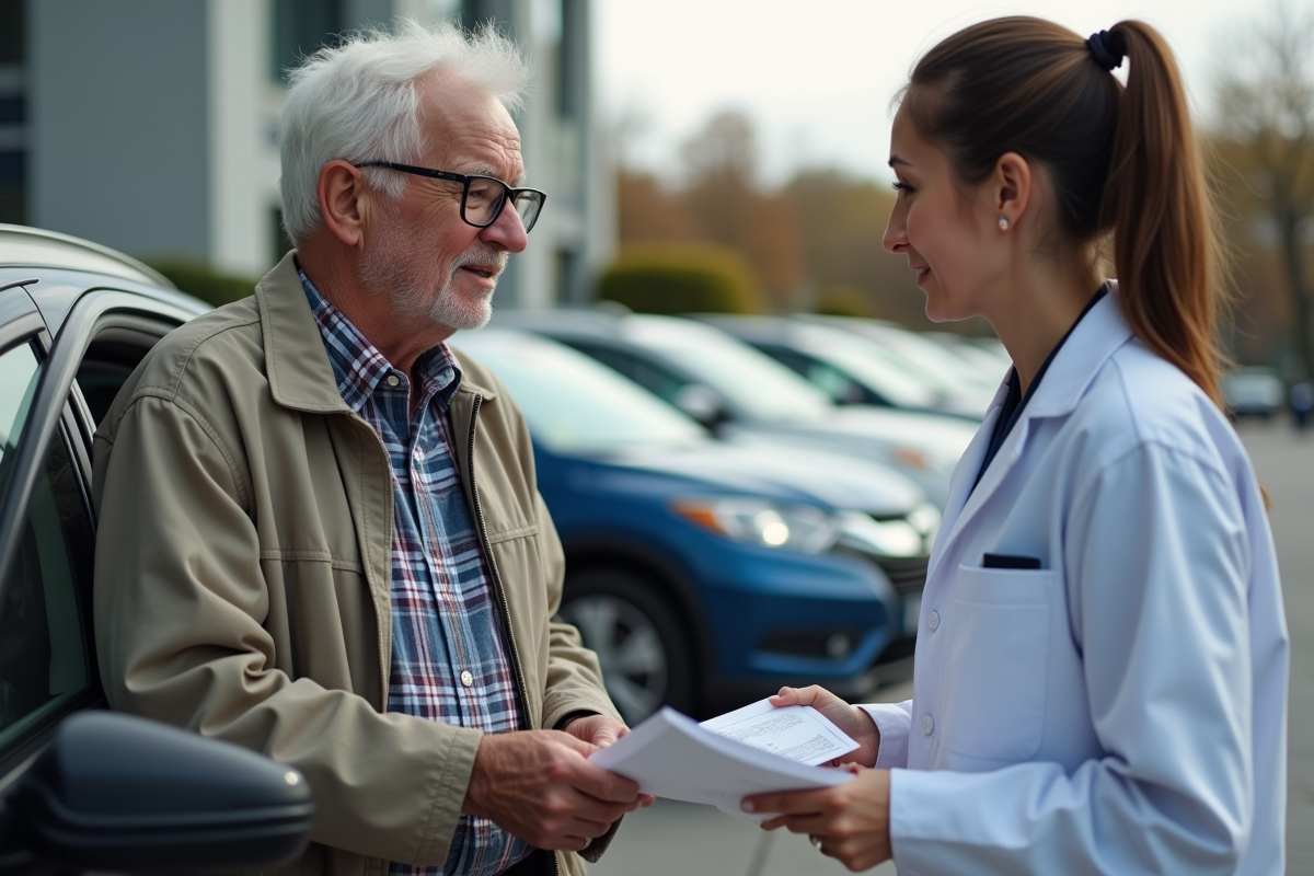 Homme âgé parlant avec une professionnelle de santé à côté d