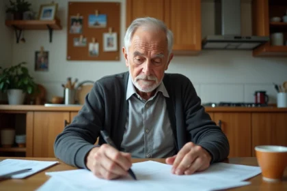 Homme senior en cuisine examinant un document