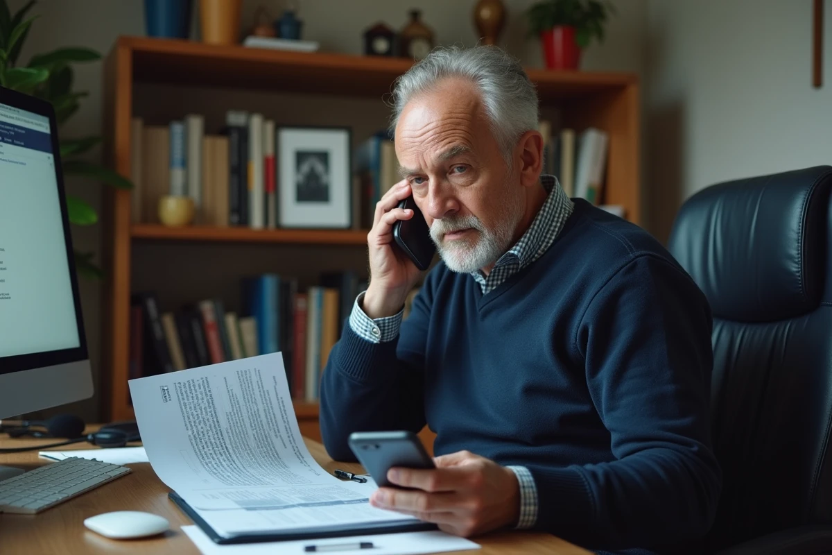 Homme senior consultant des documents CNAV tout en téléphonant pour faire avancer son dossier de retraite en urgence