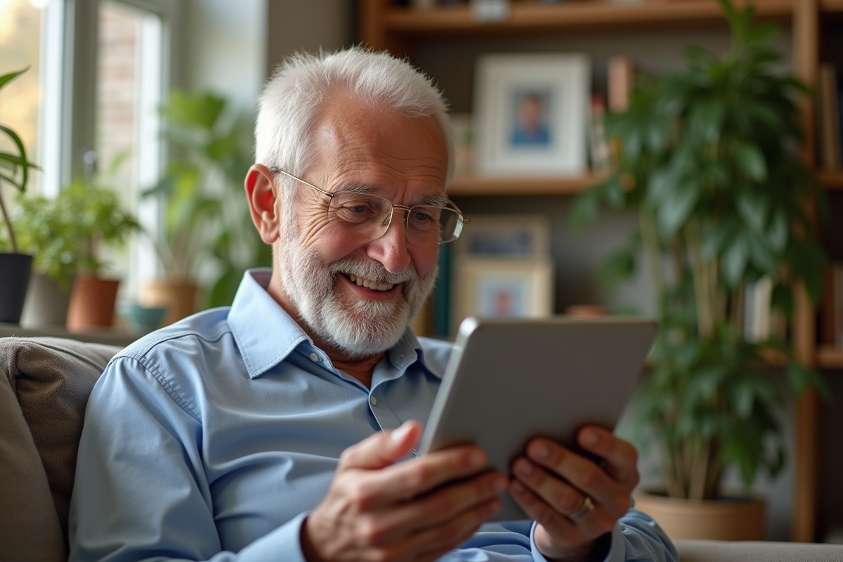 Homme senior souriant lors d un appel vidéo ensoleille