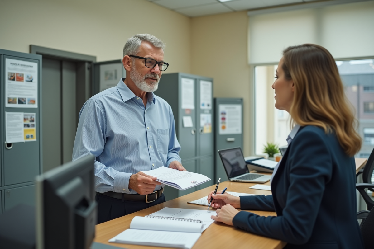 Homme âgé remettant un dossier à une réceptionniste à la mairie