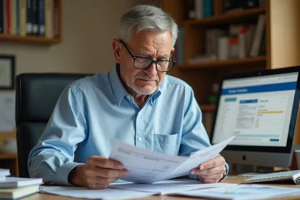 Homme de 58 ans vérifiant ses documents de retraite et ses fiches de paie à son bureau à domicile, illustrant les erreurs sur les heures supplémentaires et les droits à la retraite
