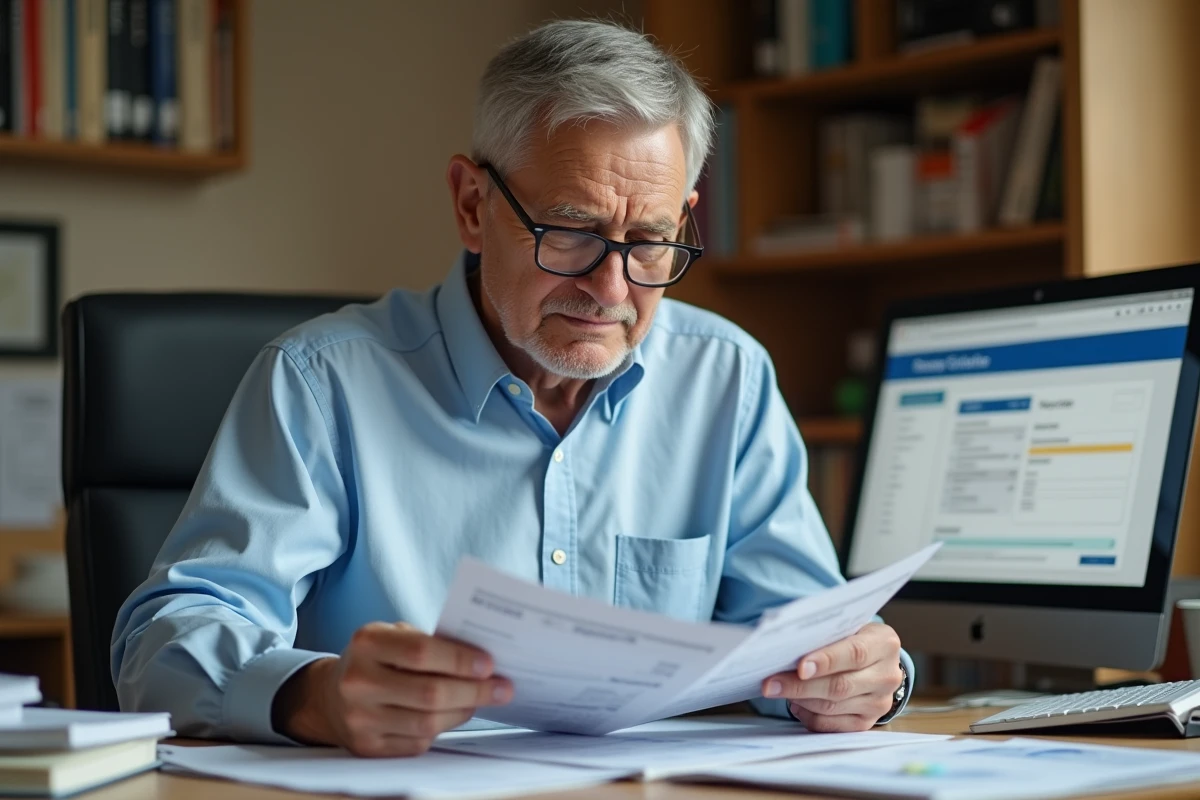 Homme de 58 ans vérifiant ses documents de retraite et ses fiches de paie à son bureau à domicile, illustrant les erreurs sur les heures supplémentaires et les droits à la retraite