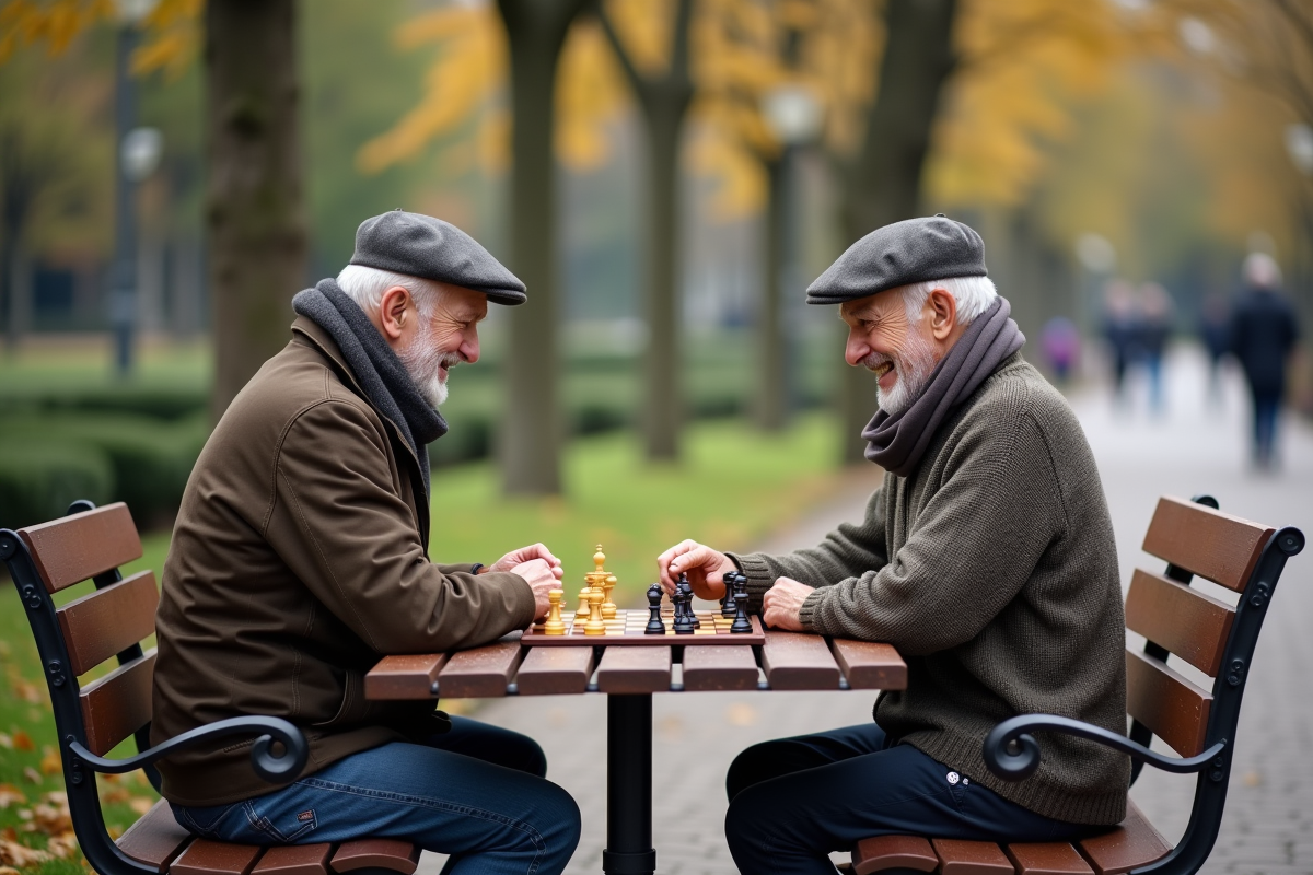 Deux hommes âgés jouant aux échecs dans un parc