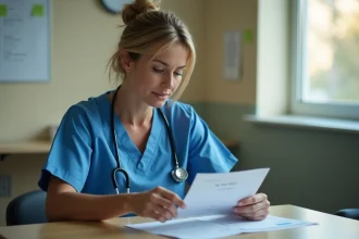 Infirmière en scrubs bleus examinant sa fiche de paie