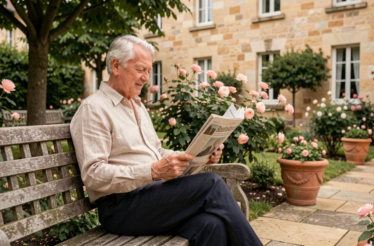 Senior lisant dans le jardin fleuri de la Résidence Les Jardins d'Arcadie Bourges Emile Martin