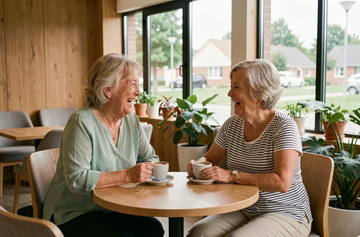 Deux femmes seniors partageant un café dans le salon commun de la Résidence Les Jardins d'Arcadie de Chambray-lès-Tours