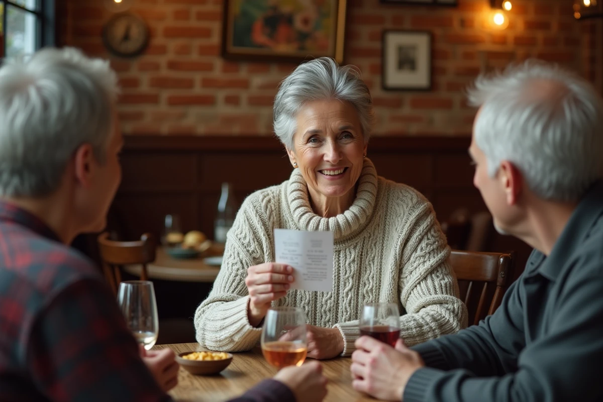 Femme de 60 ans jouant à un jeu de questions culture générale dans un café convivial lors d'un anniversaire entre amis