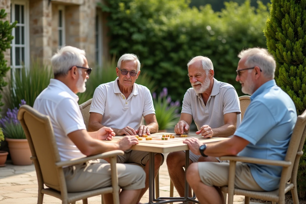 Groupe d'adultes de 60 ans jouant à un jeu de stratégie en bois sur une terrasse extérieure lors d'un anniversaire en plein air