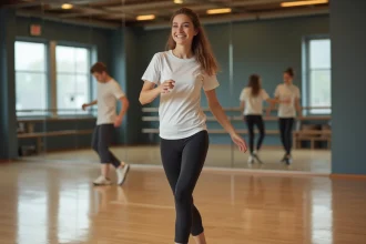 Jeune femme en leggings danse débutante dans studio moderne