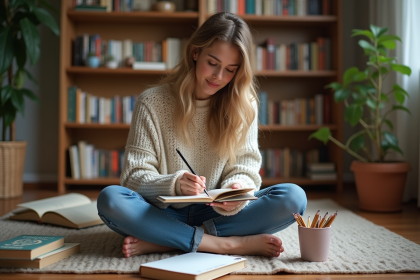 Jeune femme en sweater dessinant dans un salon cosy