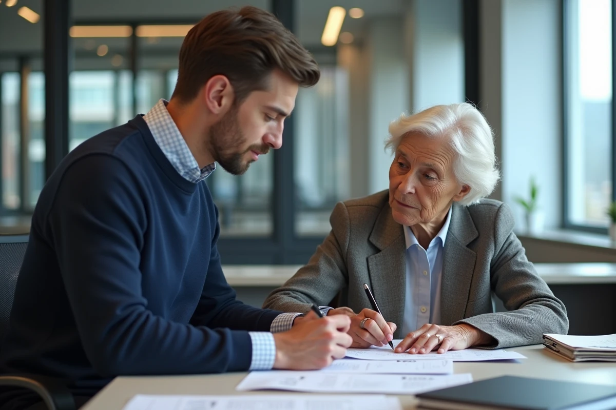 Jeune homme aidant une femme âgée avec des papiers dans un bureau moderne