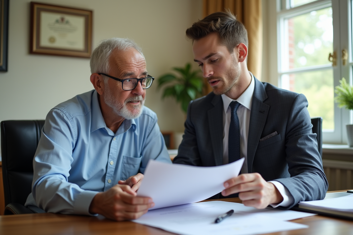 Jeune homme discutant de documents avec son père dans un bureau