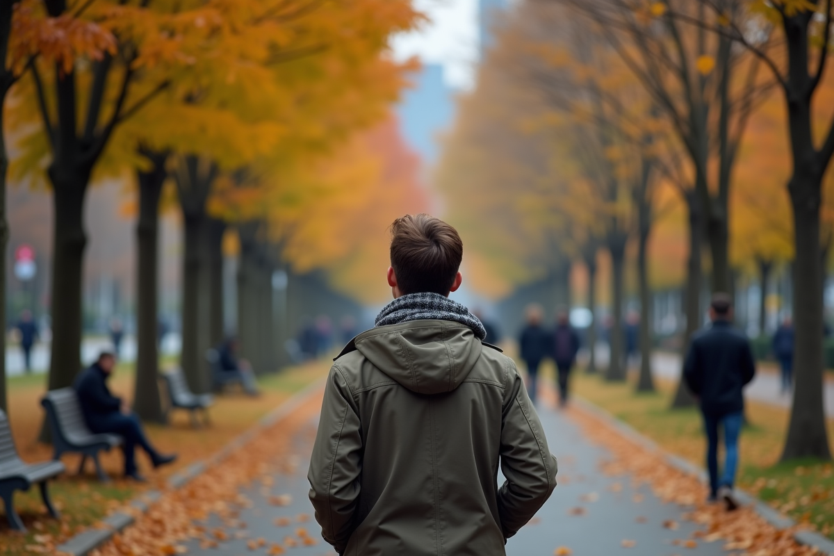 Jeune homme marche dans un parc en automne