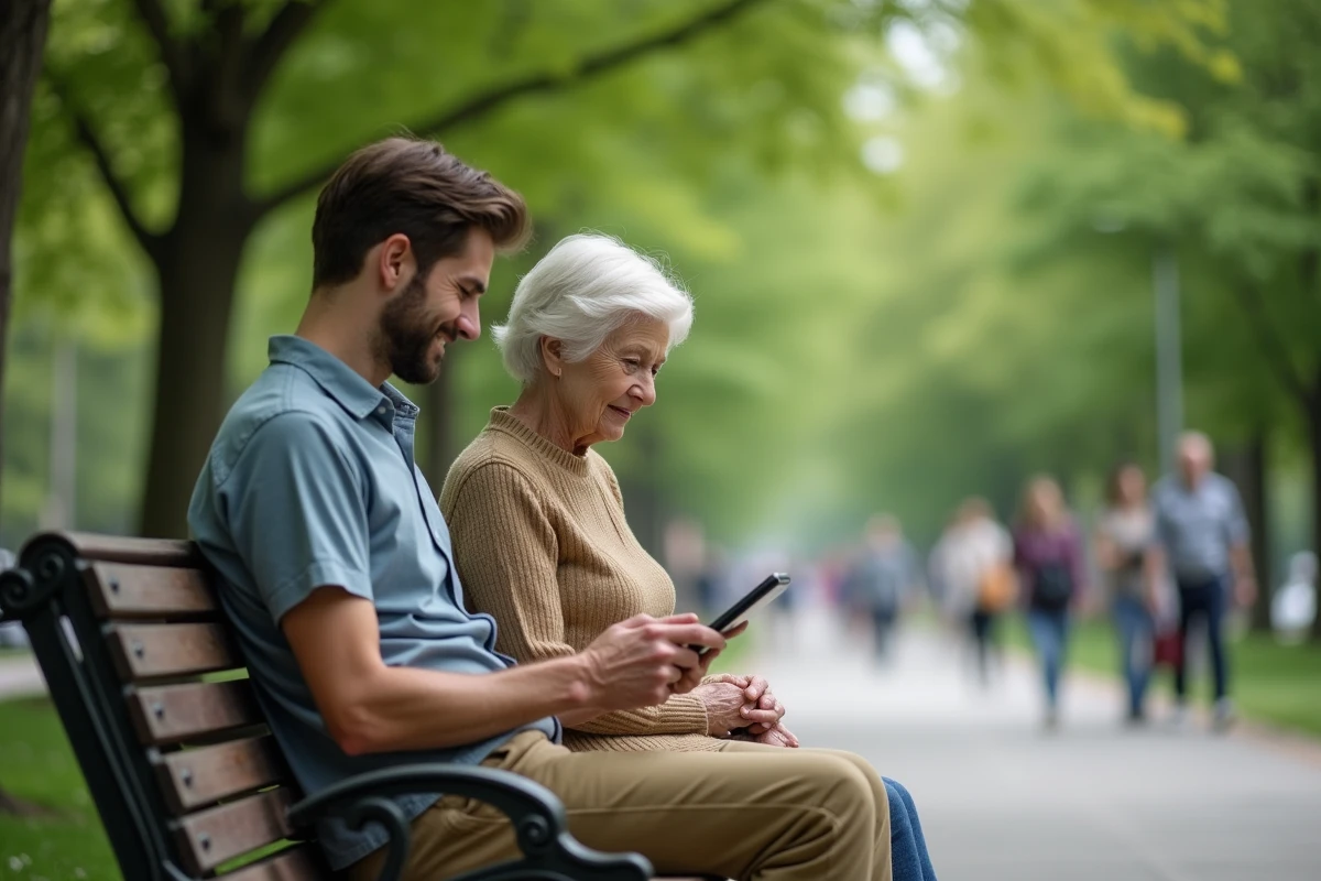 Jeune homme au parc utilisant une tablette avec une femme âgée