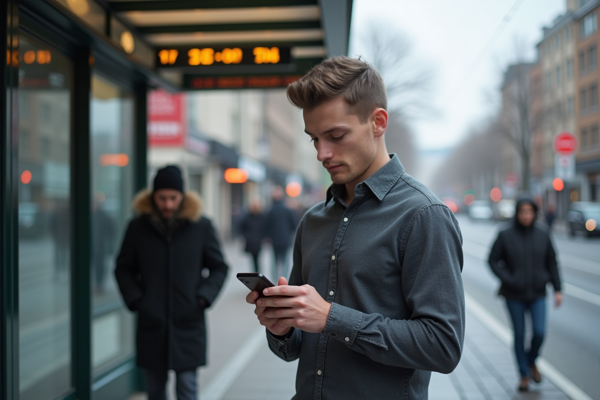 Jeune homme vérifiant la date sur son téléphone dans la rue en hiver