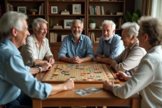 Groupe d'adultes de 60 ans jouant à un jeu de société lors d'un anniversaire convivial autour d'une grande table en bois
