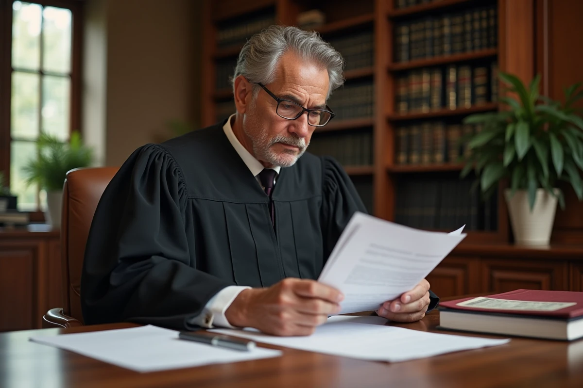 Juge en costume examinant des documents dans un bureau lumineux