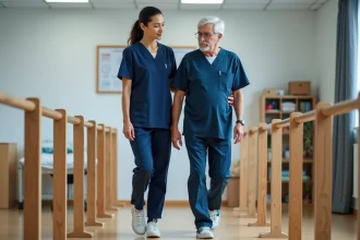 Femme physiotherapeute guide un homme age lors d'une evaluation gait