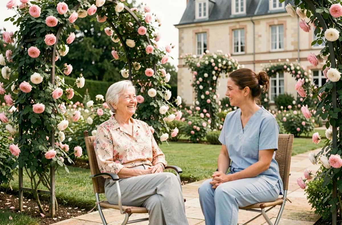 Résidente senior et soignante dans la roseraie de la résidence Korian La Roseraie à Dreux