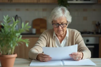 Locataire âgée de plus de 65 ans consultant ses documents de location dans sa cuisine, illustrant la protection juridique des seniors locataires