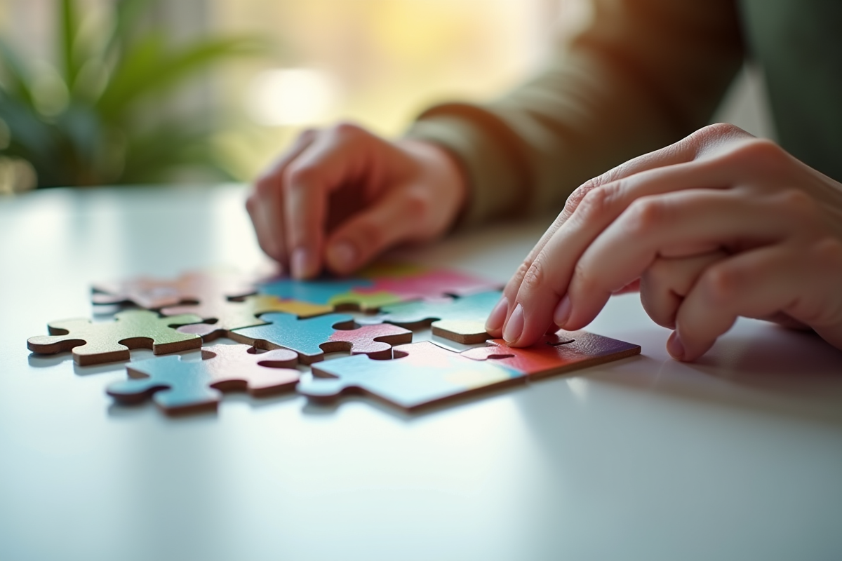 Mains posant la dernière pièce d’un puzzle coloré