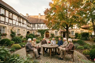 Résidence de retraite dans le Grand Est avec jardin intérieur et architecture alsacienne typique