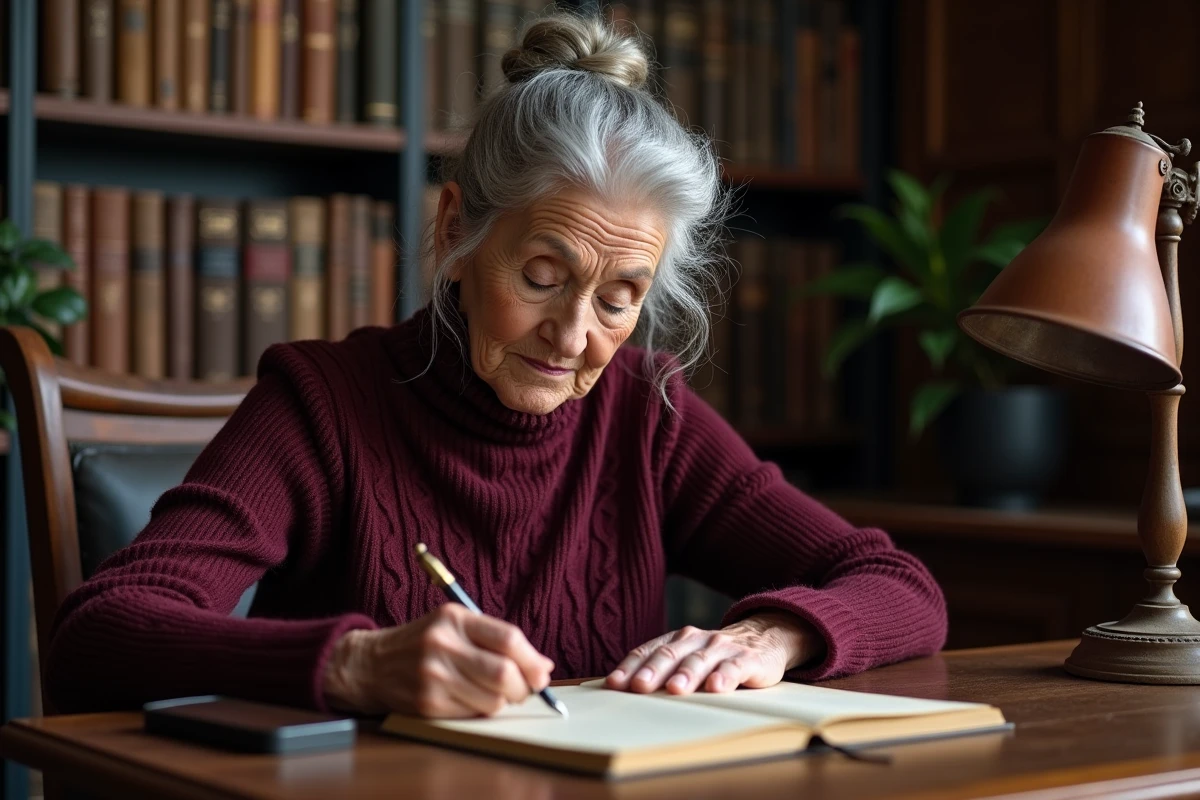 Mamie écrivant un poème de gratitude dans un carnet en cuir dans un bureau bibliothèque