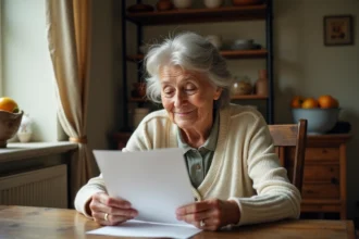 Grand-mère émue lisant une lettre de remerciement manuscrite dans une cuisine rustique chaleureuse