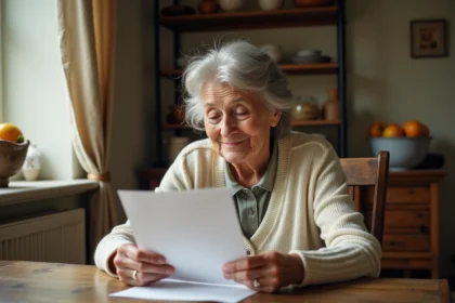 Grand-mère émue lisant une lettre de remerciement manuscrite dans une cuisine rustique chaleureuse