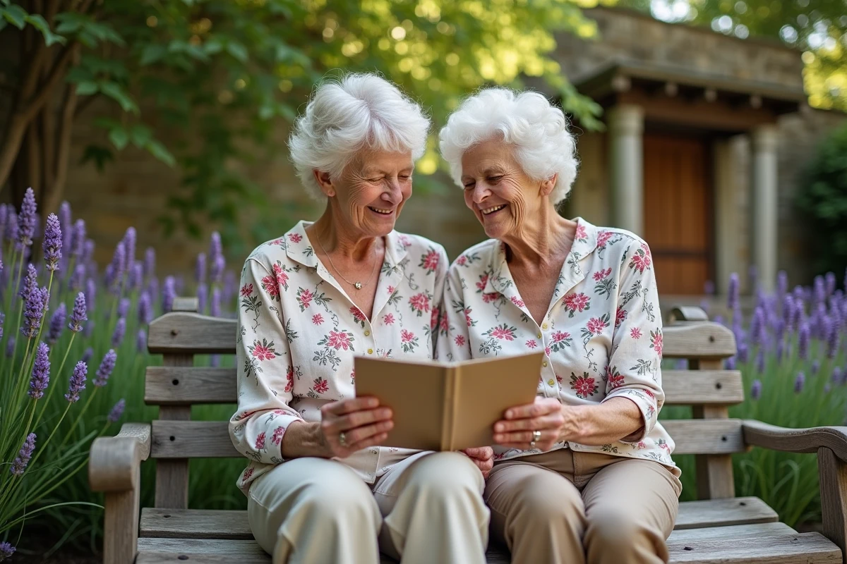 Grand-mère et petite-fille partageant un moment de gratitude dans un jardin fleuri