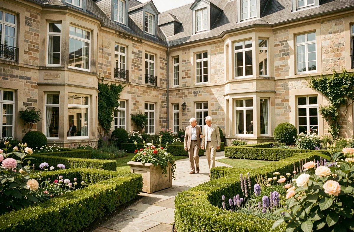 Vue panoramique d'une résidence senior en Seine-Maritime, avec jardin soigné et façade normande, symbolisant le classement des meilleures résidences pour personnes âgées en 2026