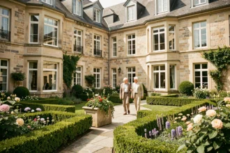 Vue panoramique d'une résidence senior en Seine-Maritime, avec jardin soigné et façade normande, symbolisant le classement des meilleures résidences pour personnes âgées en 2026