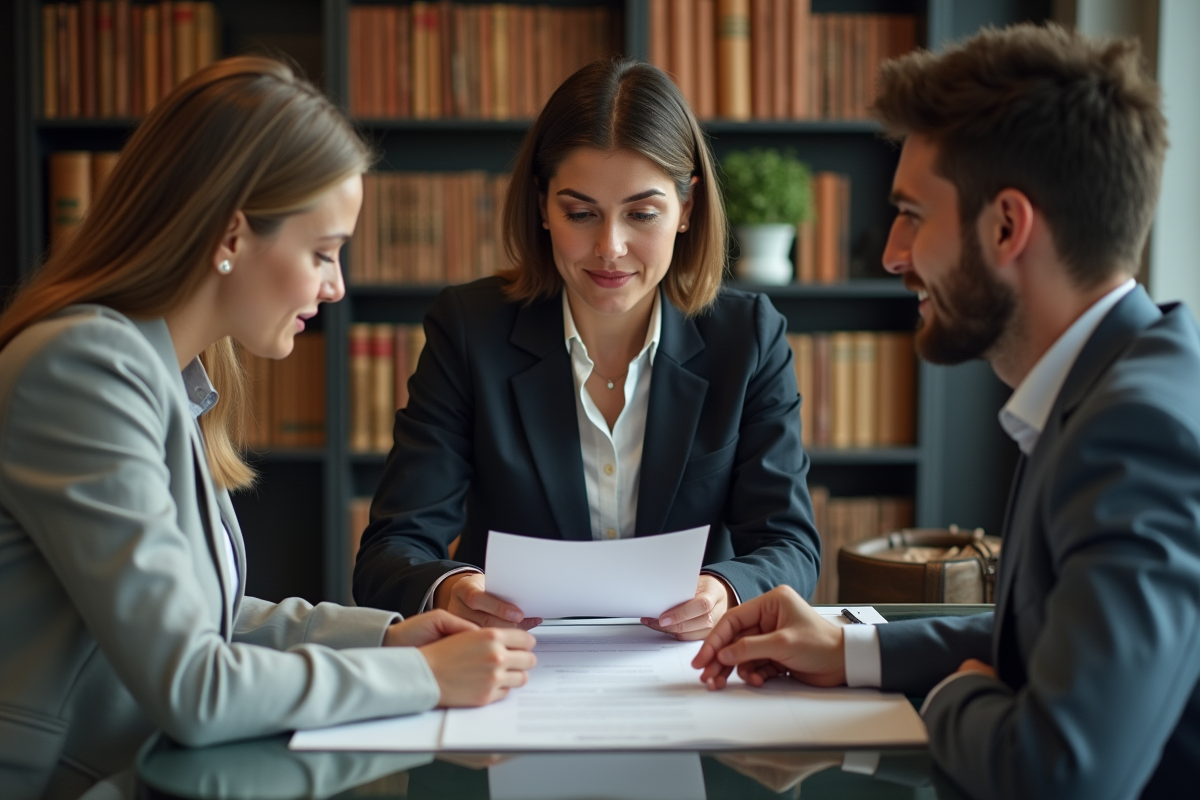 Une notaire discute de succession avec un couple dans un bureau moderne