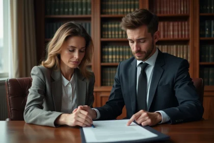 Deux personnes examinent un dossier dans un bureau notarial