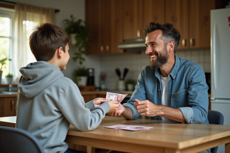 Père donnant de l'argent à son fils dans la cuisine familiale