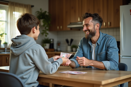 Père donnant de l'argent à son fils dans la cuisine familiale