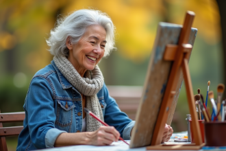 Femme âgée peignant en plein air dans un jardin automnal