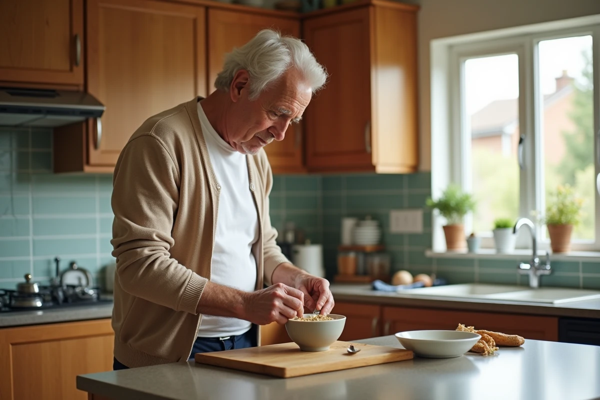 Personne âgée autonome réalisant une tâche IADL de préparation des repas dans sa cuisine à domicile