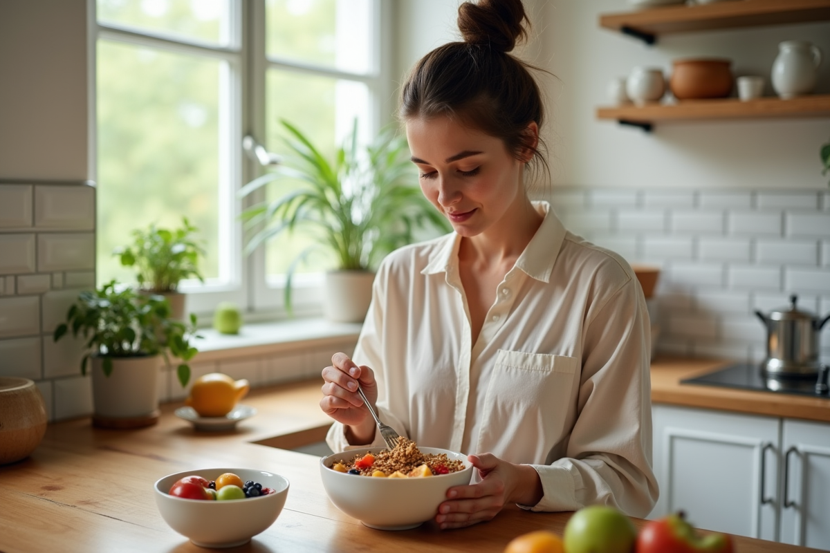 Femme préparant un petit déjeuner sain dans une cuisine lumineuse