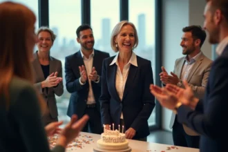 Femme à la retraite entourée de collègues lors d'un pot de départ festif avec gâteau et confettis au bureau