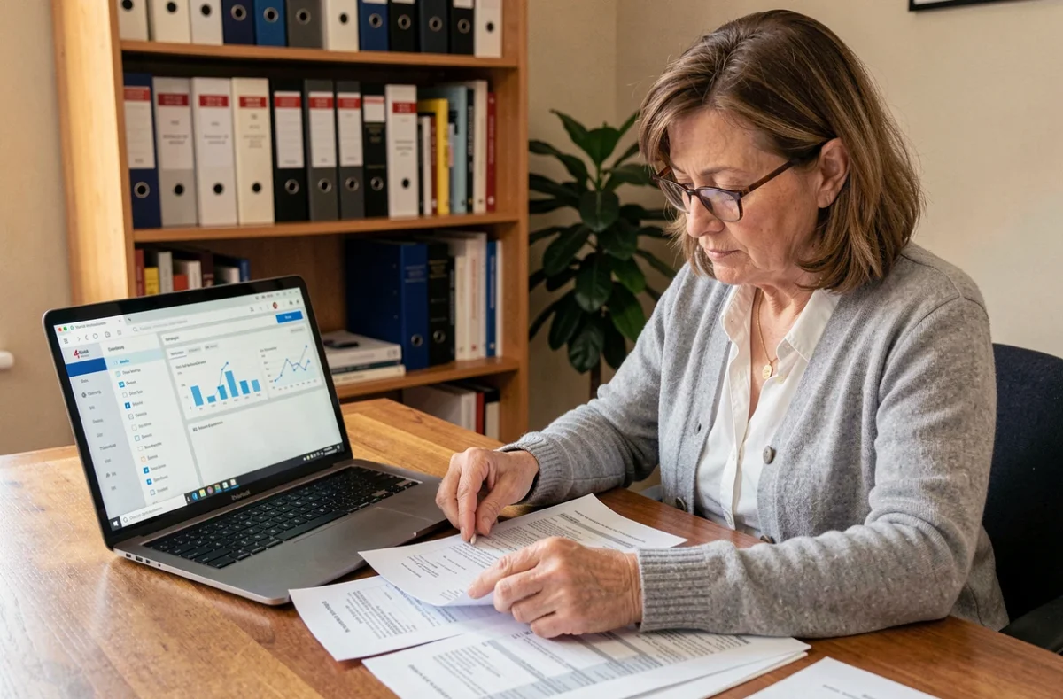 Femme préparant des documents financiers pour un contrôle du juge des tutelles sur un bureau à domicile